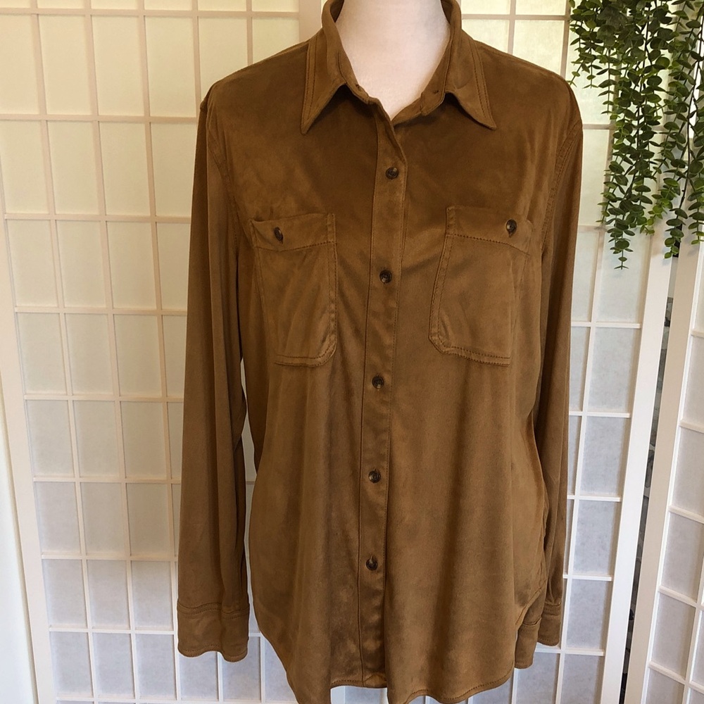 *WINTER SALE* Chaps Faux Suede Shirt in Dark Caramel, Chest Pockets, Lg. - Picture 1 of 5